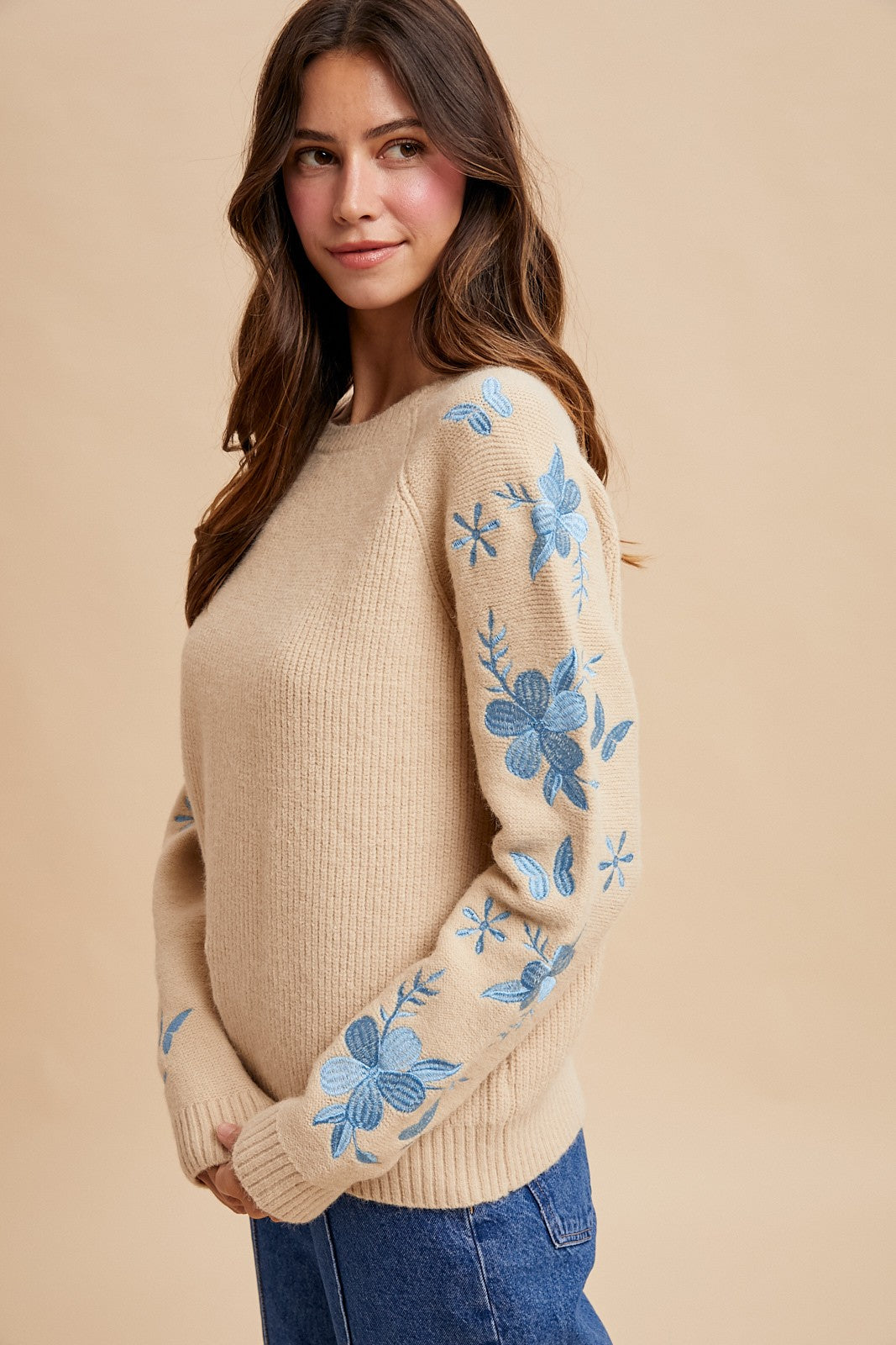 Floral Embroidered Sleeve Pullover Sweater