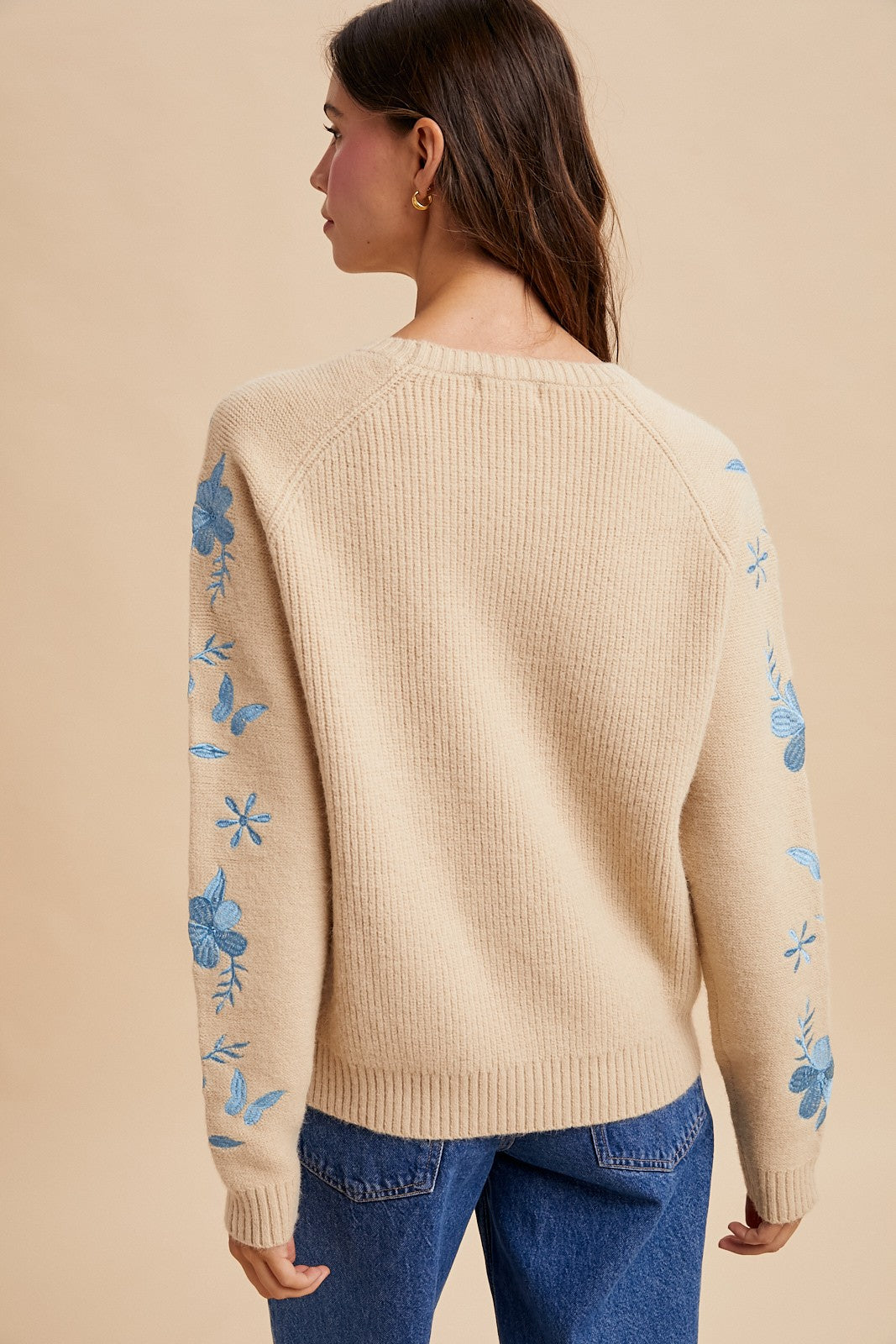 Floral Embroidered Sleeve Pullover Sweater