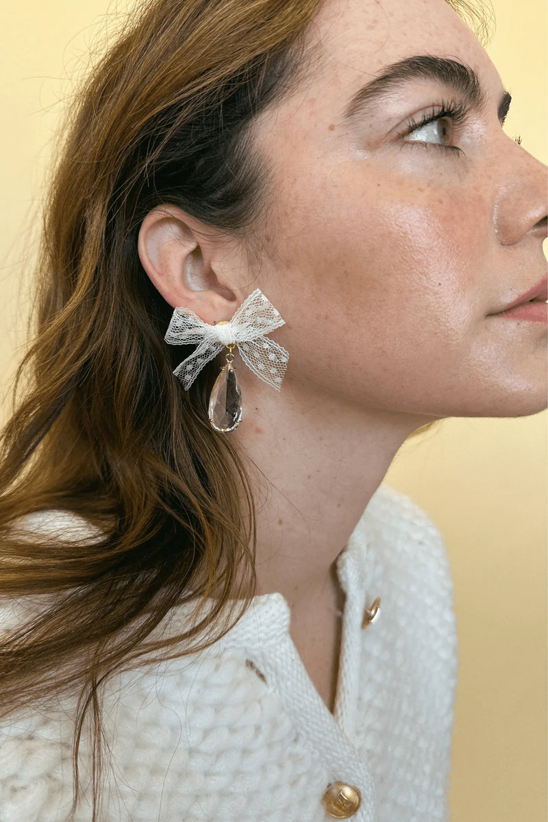 Lace Bow & Drop Crystal Earrings