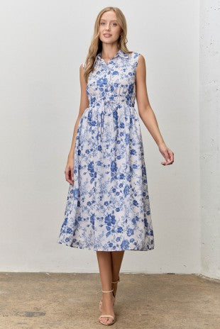 Blue Floral Print Collared Midi Dress (S - XL)