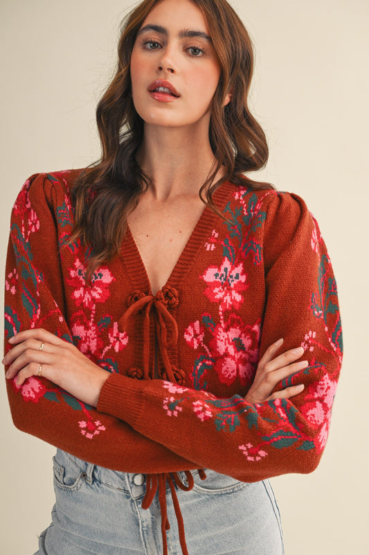 Floral Knit Tie Front Cropped Cardigan