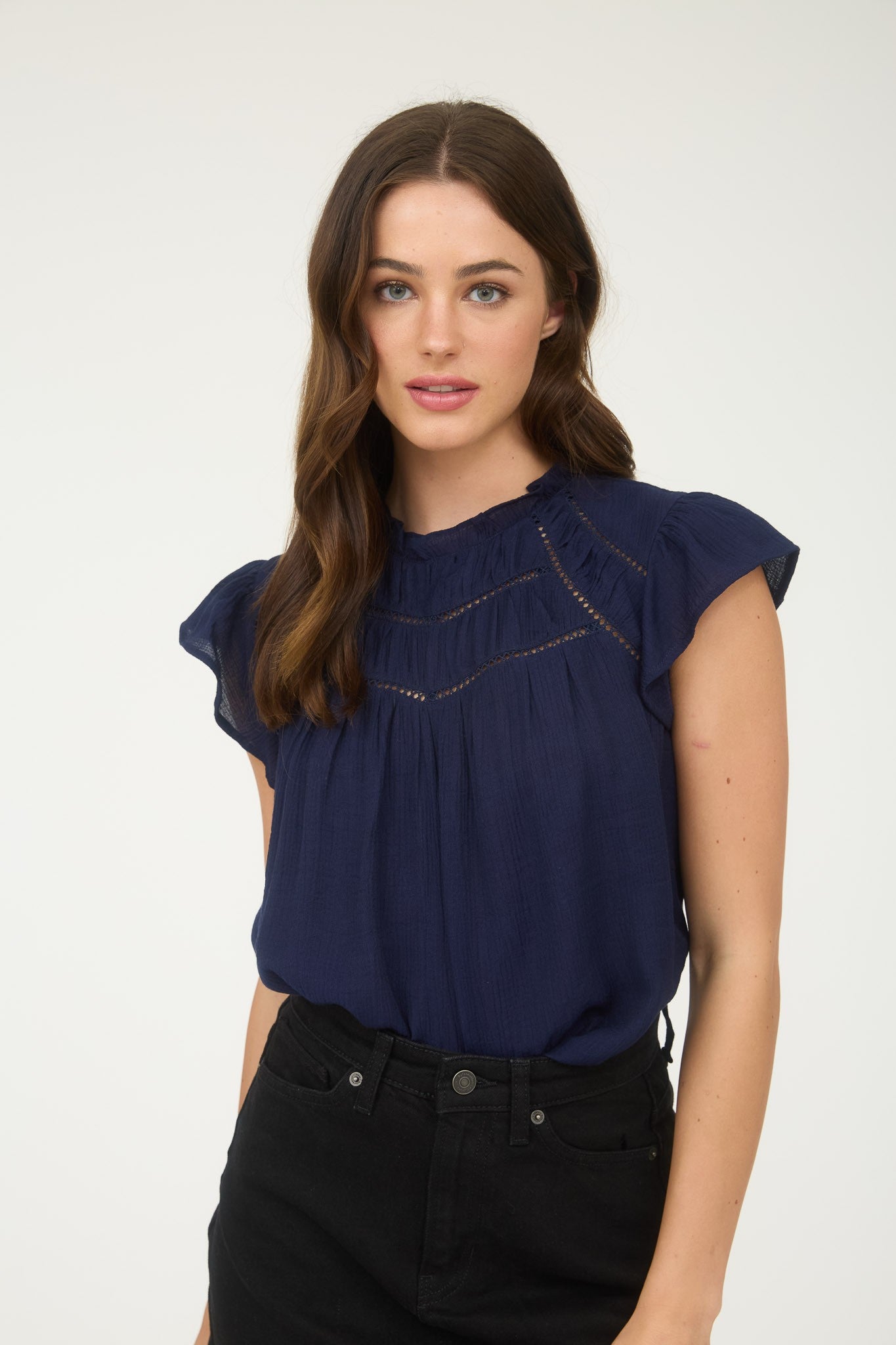 Crochet Trim Ruffle Neck Blouse