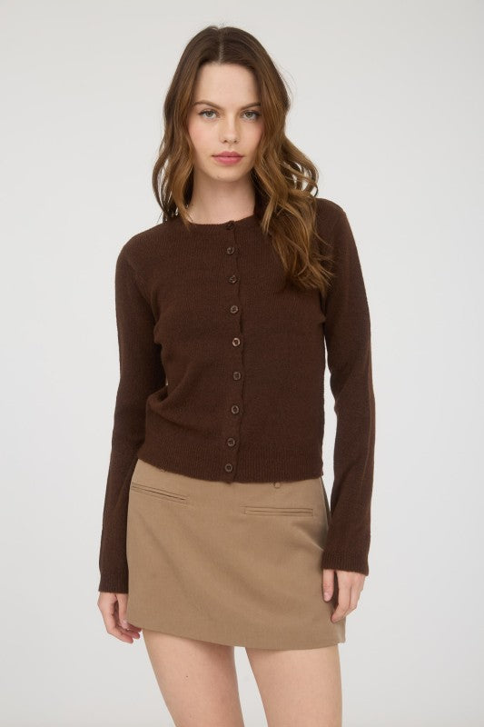 Button Down Long Sleeve Cardigan (Brown)