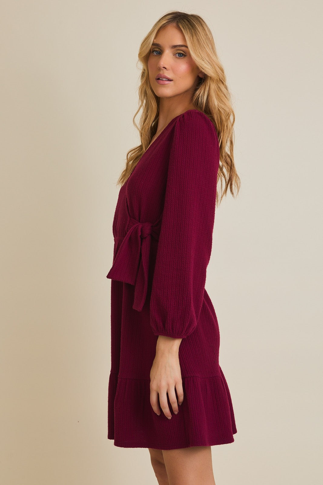 Textured 3/4 Sleeve Faux Wrap Dress