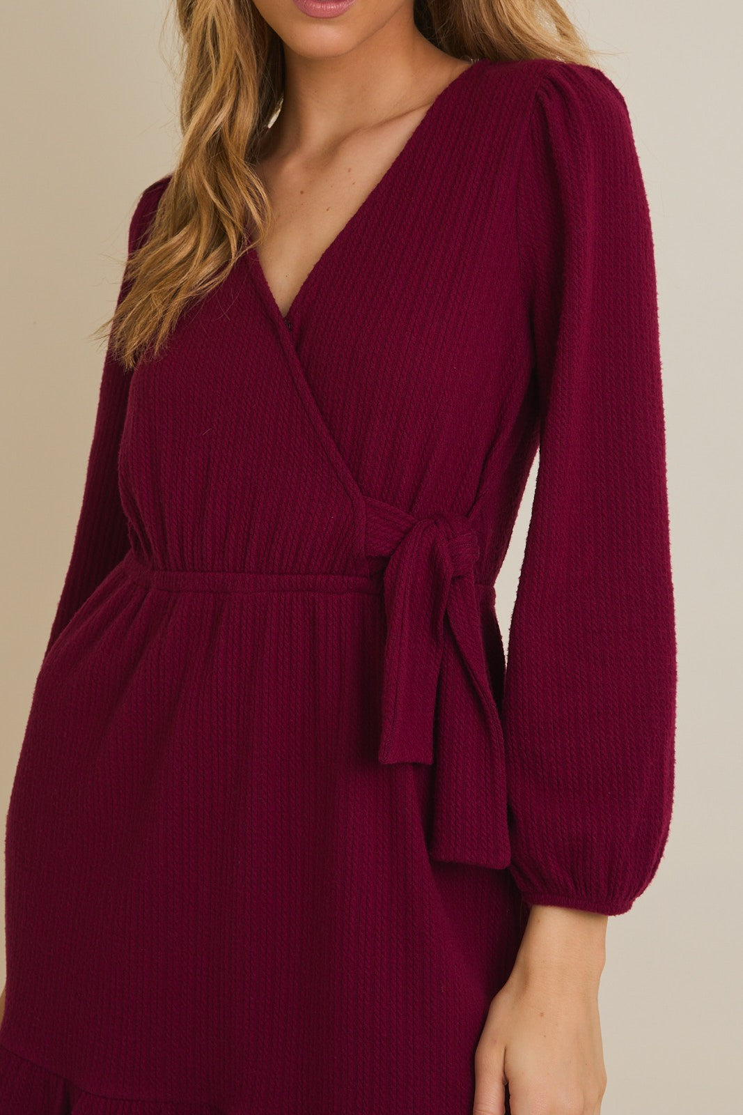 Textured 3/4 Sleeve Faux Wrap Dress