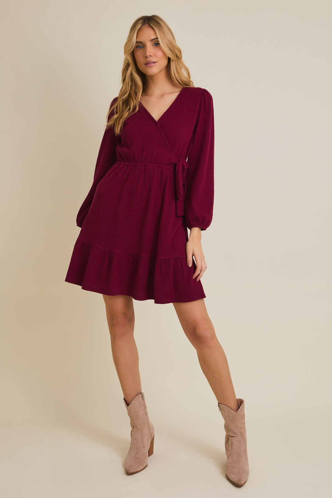 Textured 3/4 Sleeve Faux Wrap Dress