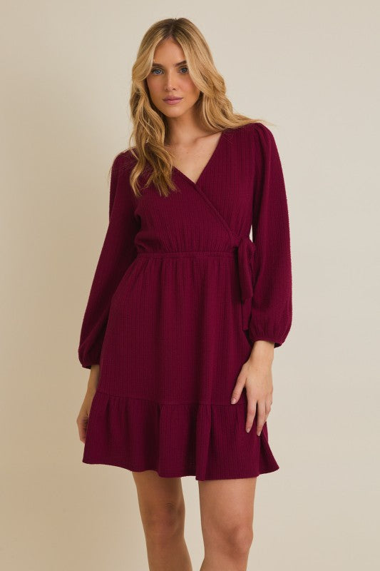 Textured 3/4 Sleeve Faux Wrap Dress