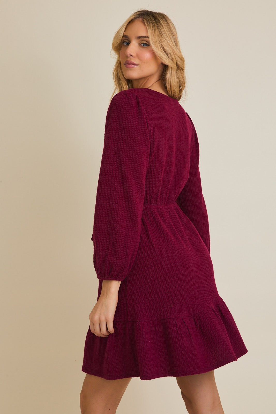 Textured 3/4 Sleeve Faux Wrap Dress