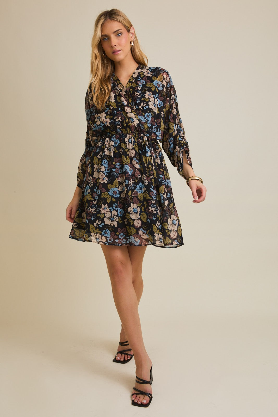 3/4 Ruched Sleeve Floral Print Dress (Plus Size)