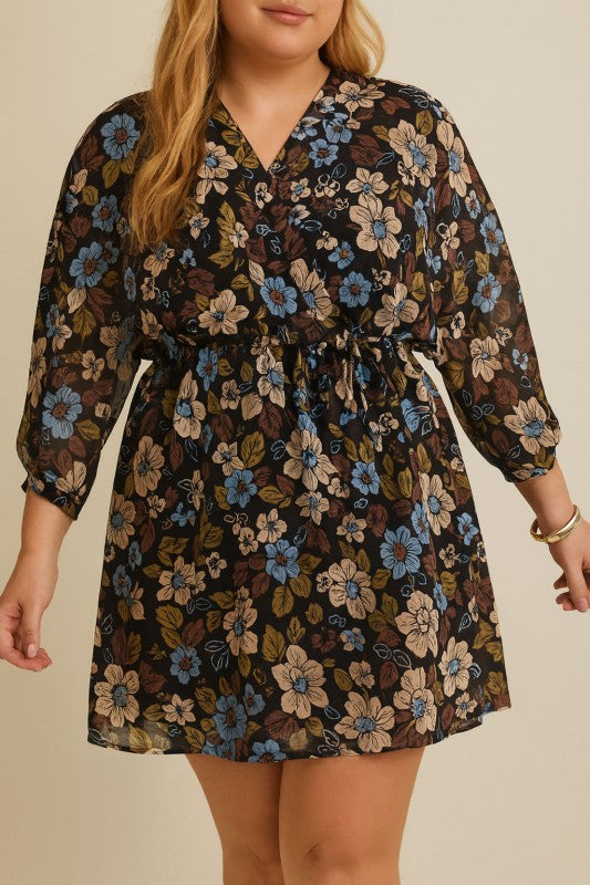 3/4 Ruched Sleeve Floral Print Dress (Plus Size)