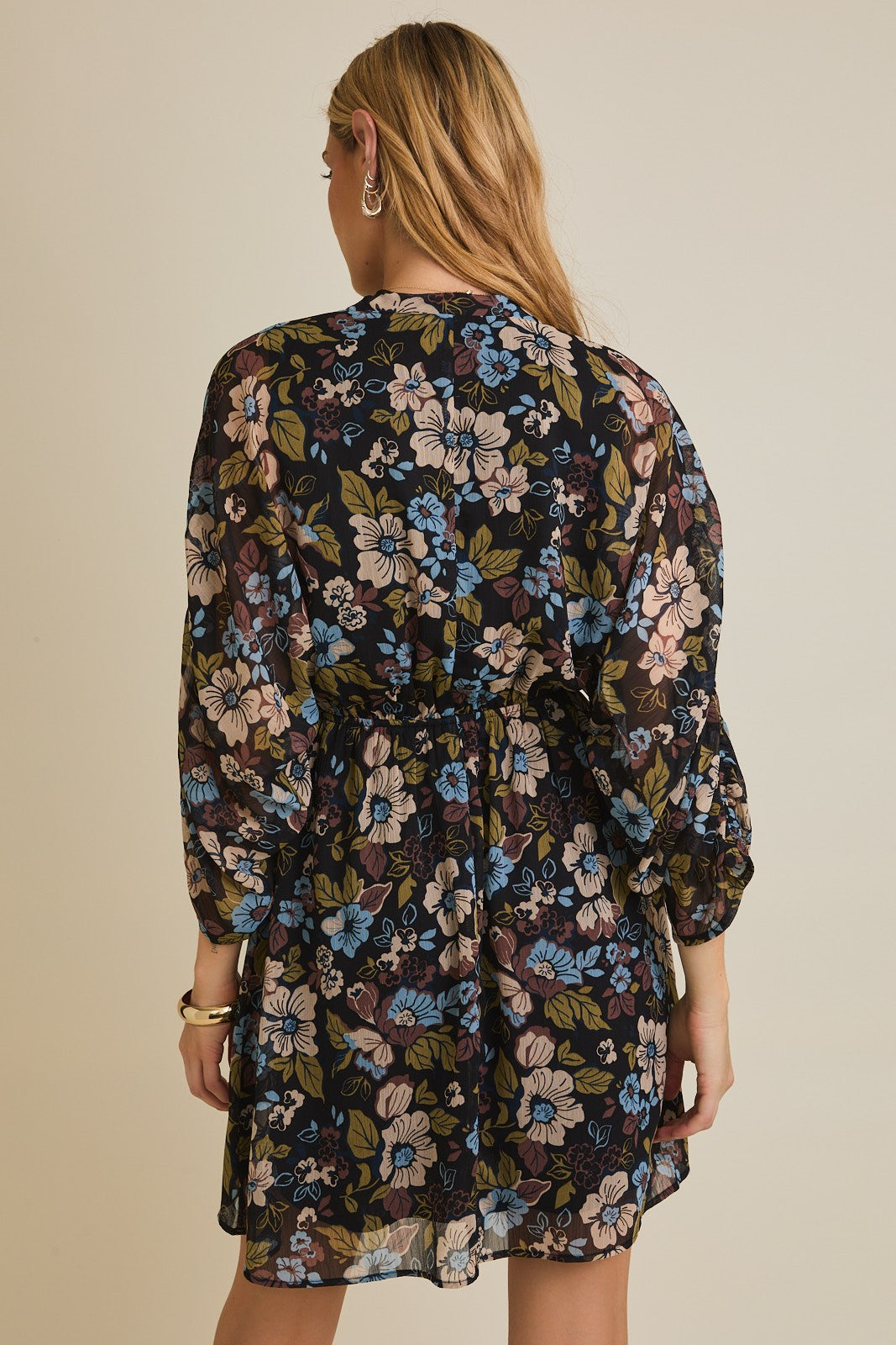 3/4 Ruched Sleeve Floral Print Dress (Plus Size)