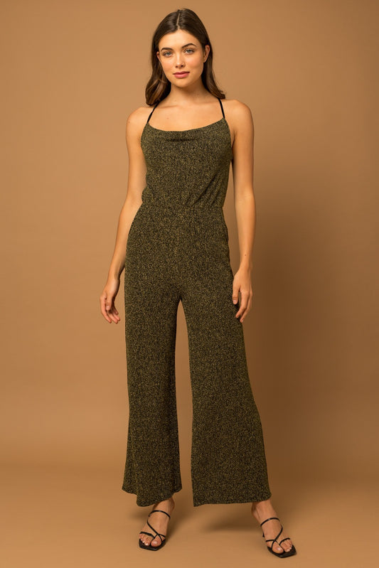 Criss Cross Strap Cowl Neck Lurex Jumpsuit