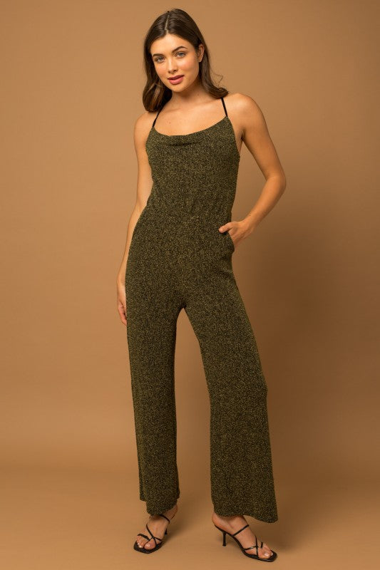 Criss Cross Strap Cowl Neck Lurex Jumpsuit