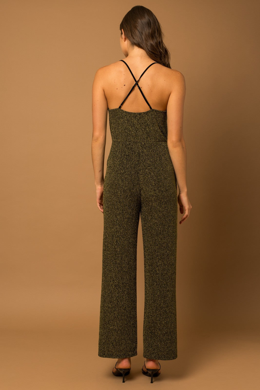 Criss Cross Strap Cowl Neck Lurex Jumpsuit