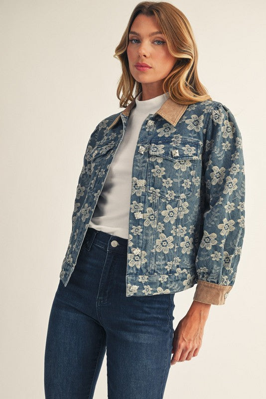 Rhinestone Button Denim Barn Jacket w/ Corduroy Trim