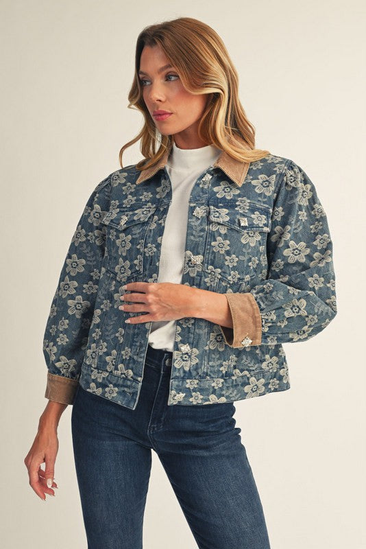 Rhinestone Button Denim Barn Jacket w/ Corduroy Trim