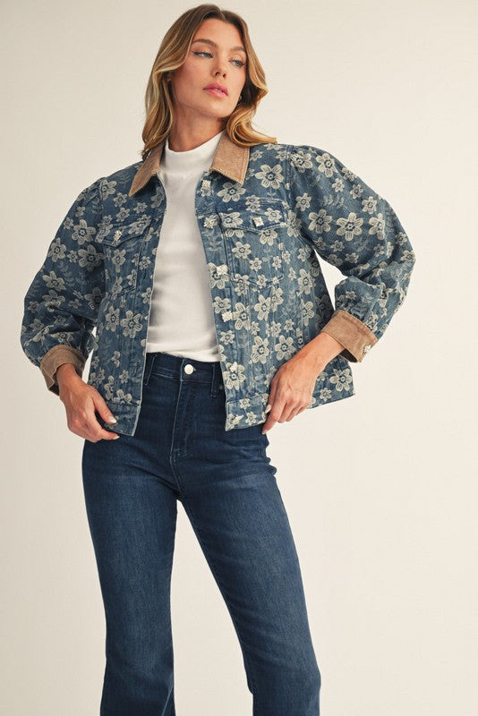 Rhinestone Button Denim Barn Jacket w/ Corduroy Trim