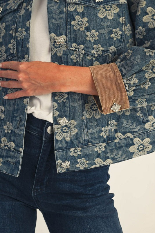 Rhinestone Button Denim Barn Jacket w/ Corduroy Trim