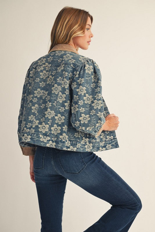 Rhinestone Button Denim Barn Jacket w/ Corduroy Trim