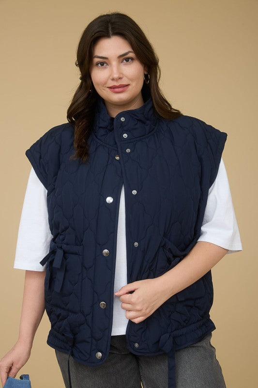 Tie Detail Snap Front Quilted Vest (Plus Size - Navy)