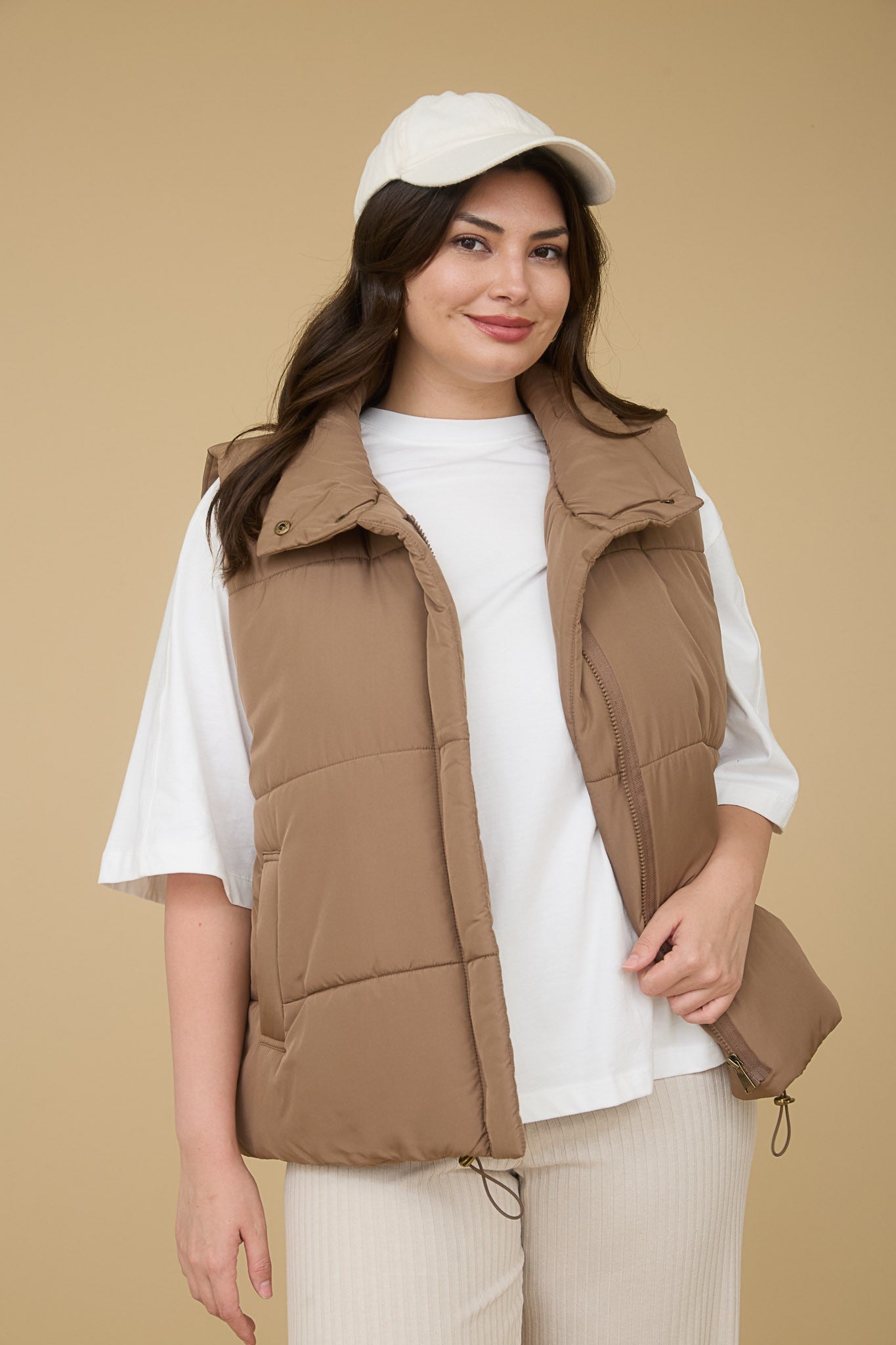 Solid Zip Up Puffer Vest - Cocoa (Plus Size)