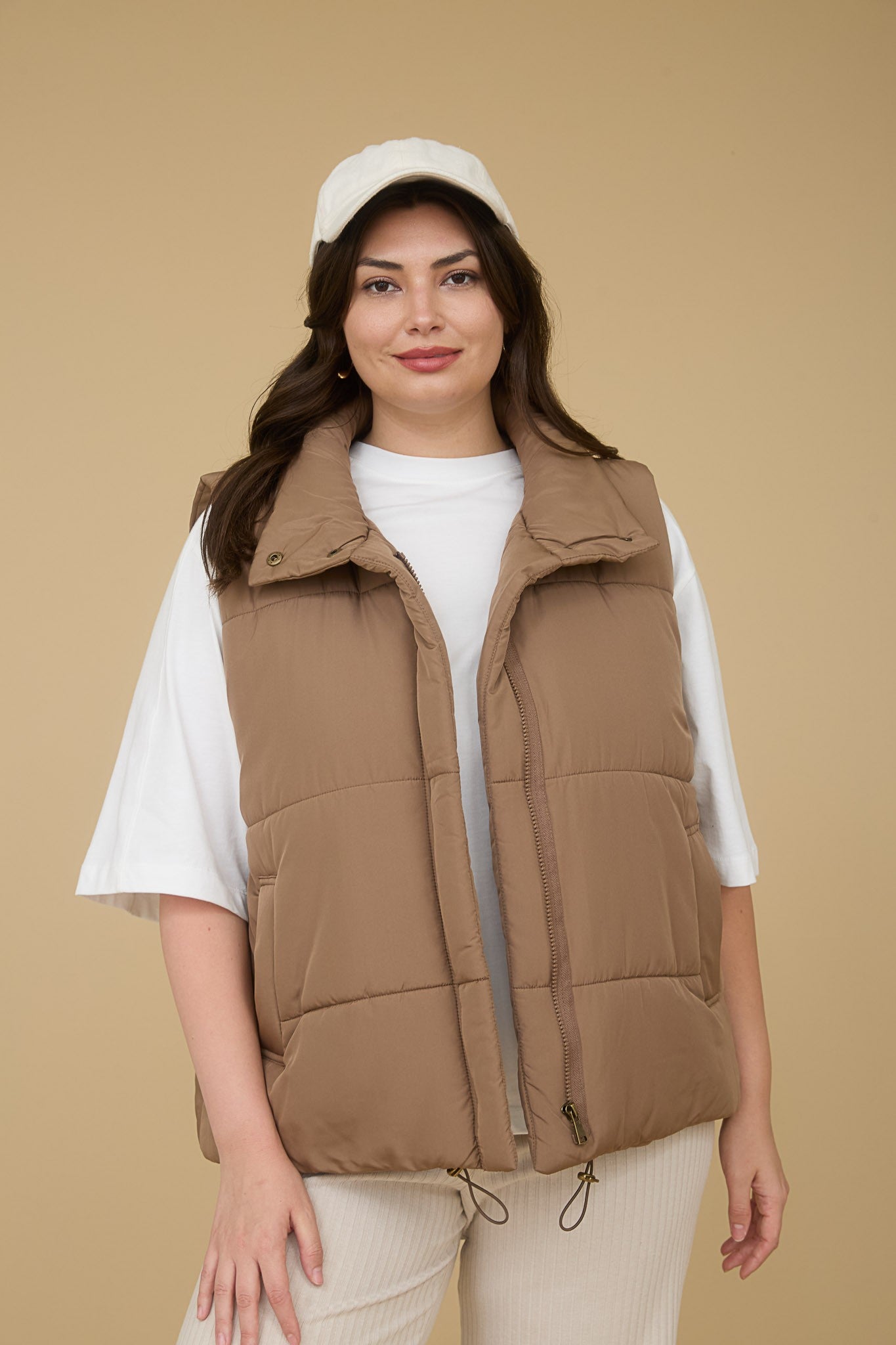 Solid Zip Up Puffer Vest - Cocoa (Plus Size)