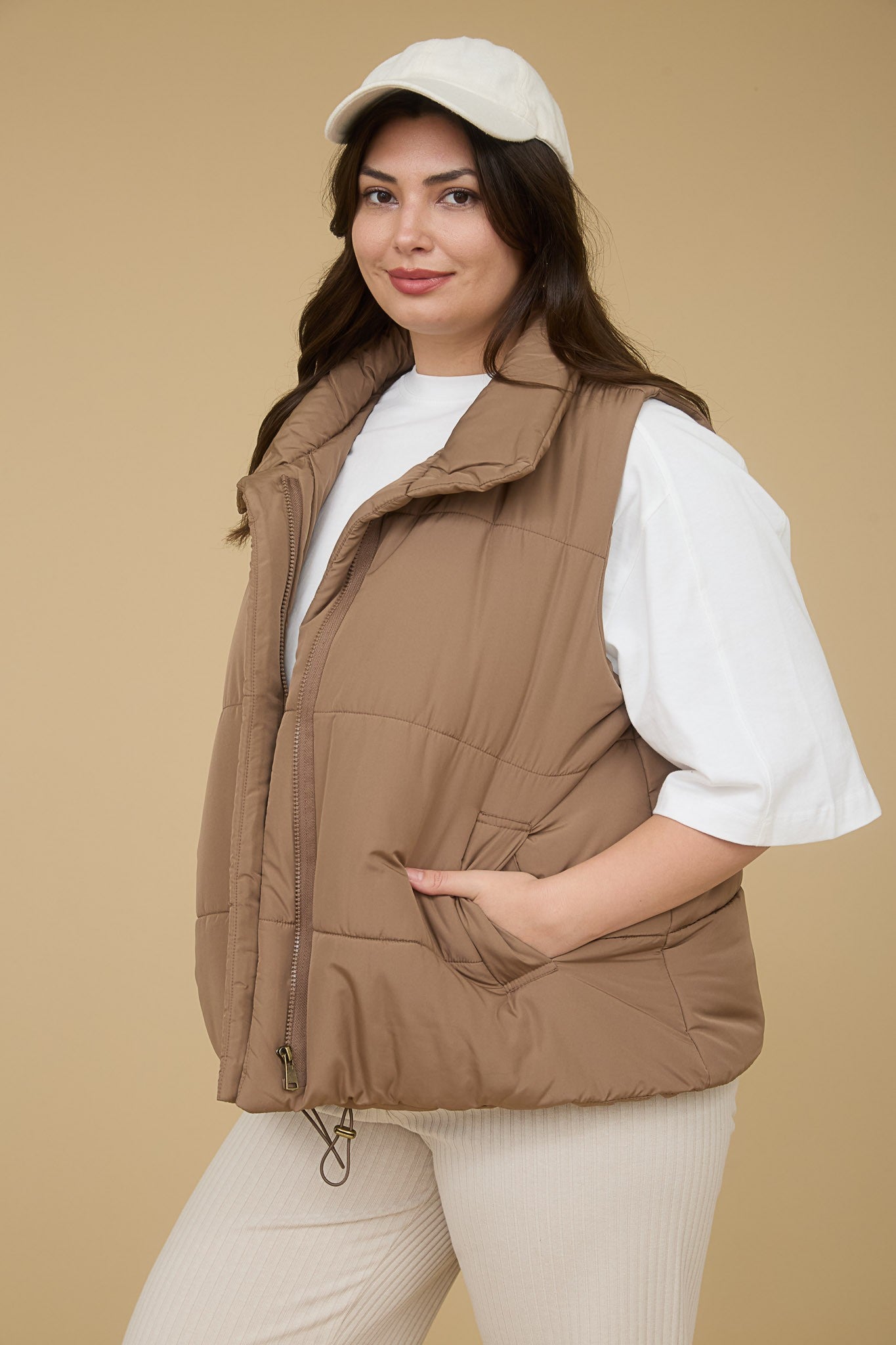 Solid Zip Up Puffer Vest - Cocoa (Plus Size)
