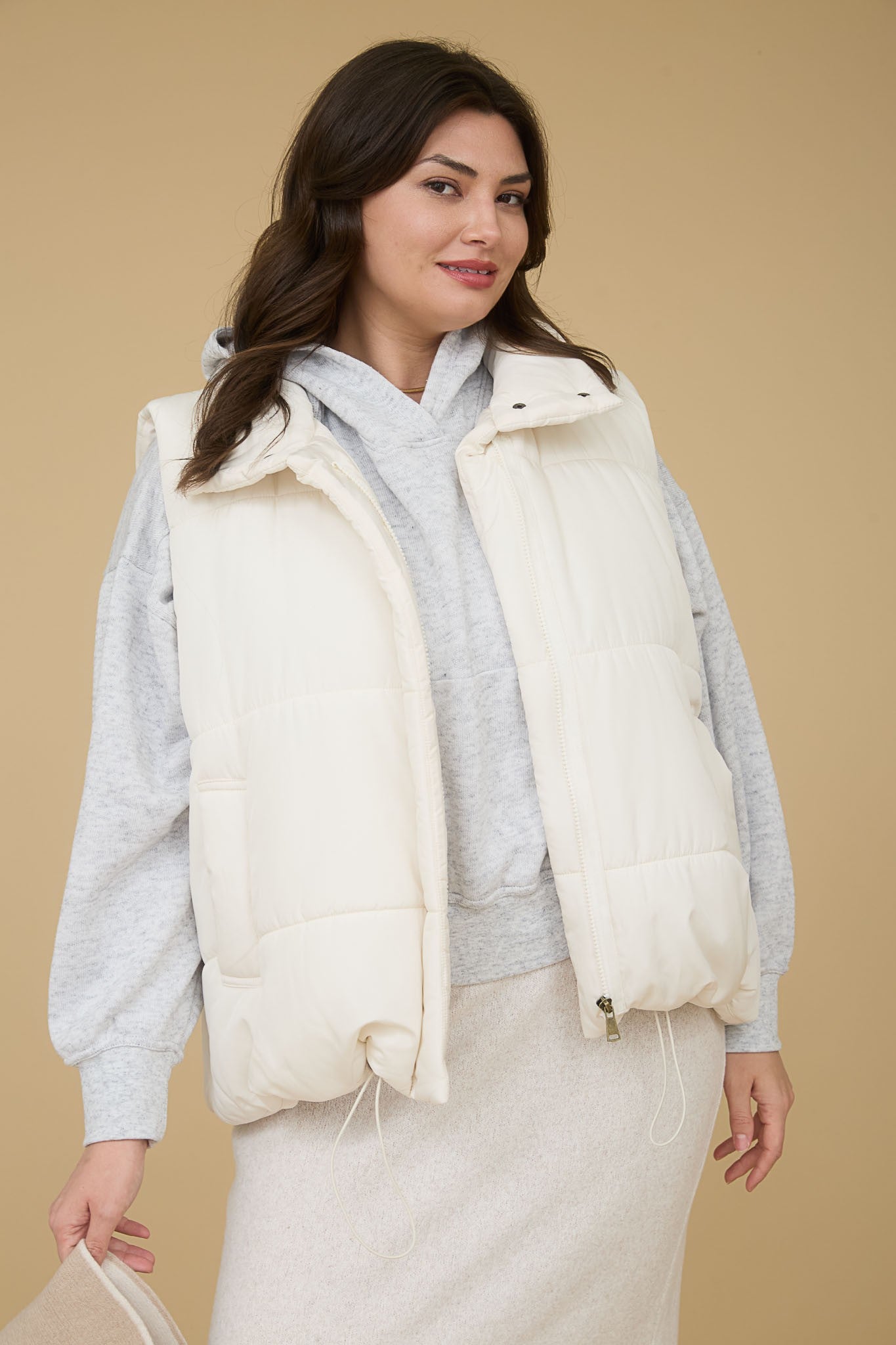 Solid Zip Up Puffer Vest - Ivory (Plus Size)