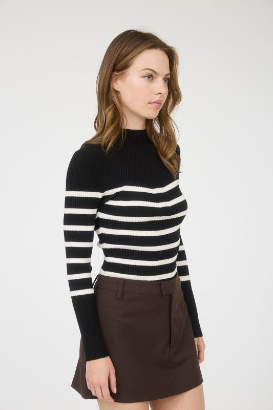 Mock Neck Stripe Sweater (Black)