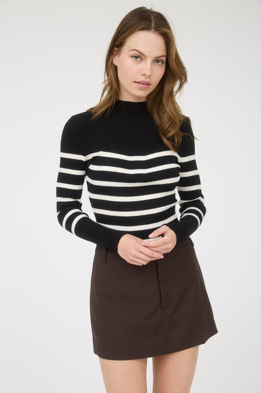 Mock Neck Stripe Sweater (Black)