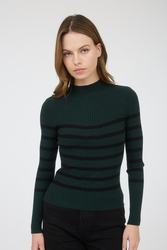 Mock Neck Stripe Sweater (Hunter Green)