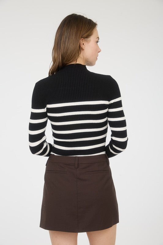 Mock Neck Stripe Sweater (Black)