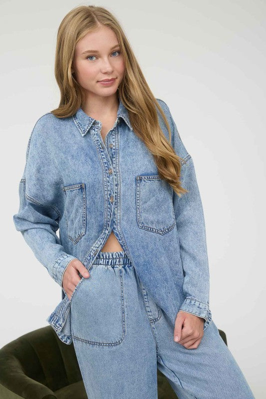 Washed Chambray Button Down Long Sleeve Shirt (S - XXXL)