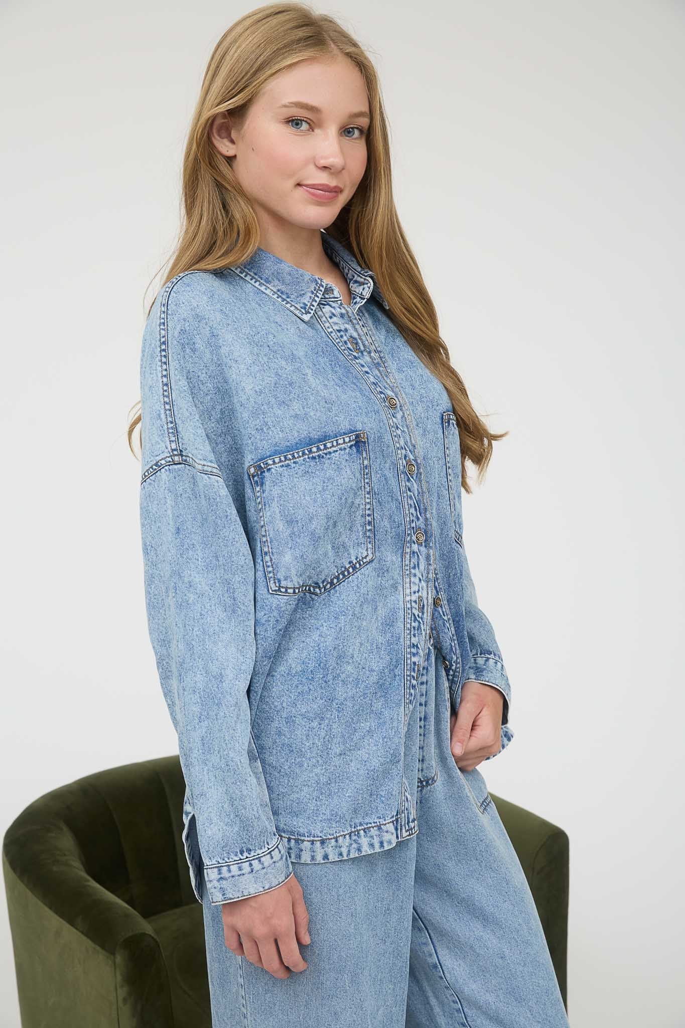 Washed Chambray Button Down Long Sleeve Shirt (S - XXXL)