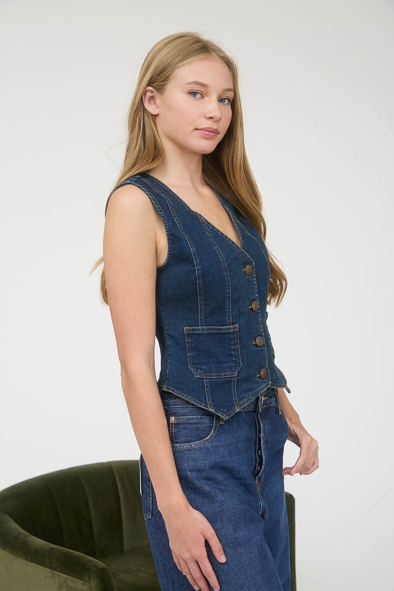 V-Neck Button Front Denim Vest (Dark Denim)