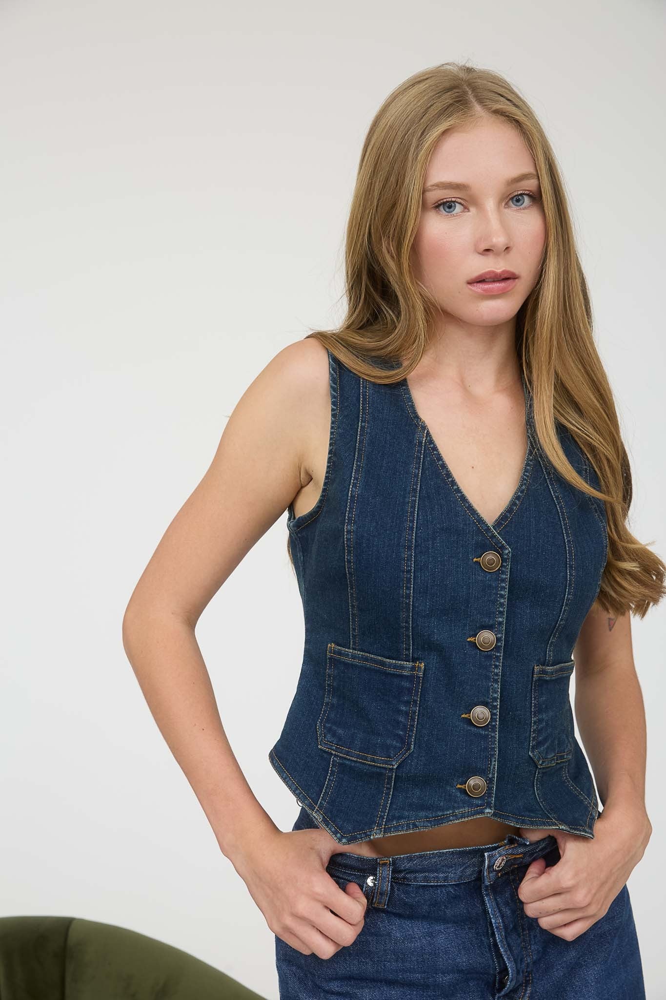 V-Neck Button Front Denim Vest (Dark Denim)