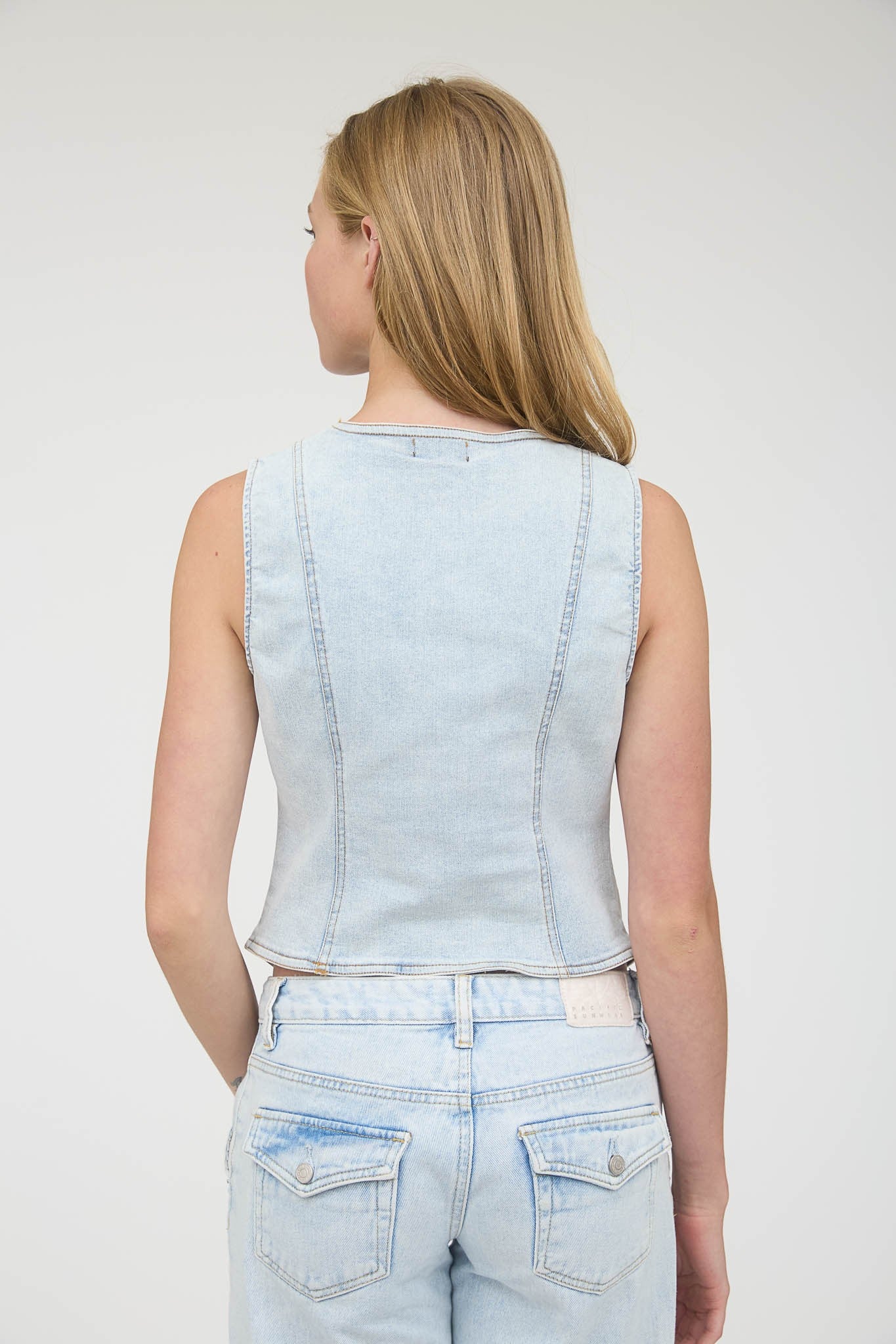 V-Neck Button Front Denim Vest (Light Denim)