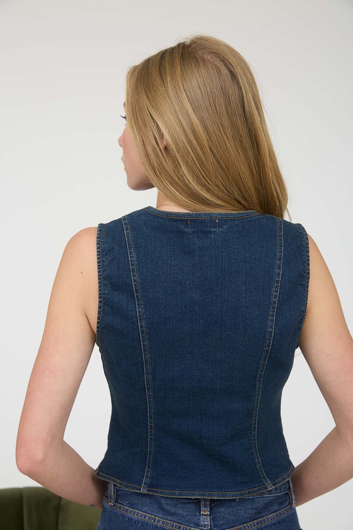 V-Neck Button Front Denim Vest (Dark Denim)