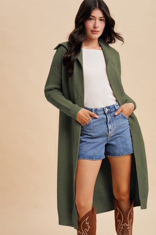 Shawl Collar Long Sleeve Cardigan (Olive)