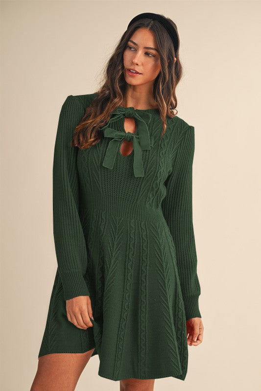 Velvet Bow Cable Knit Sweater Dress