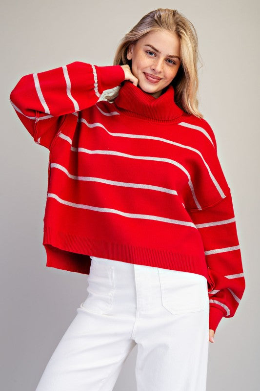 Striped High Lo Turtle Neck Sweater