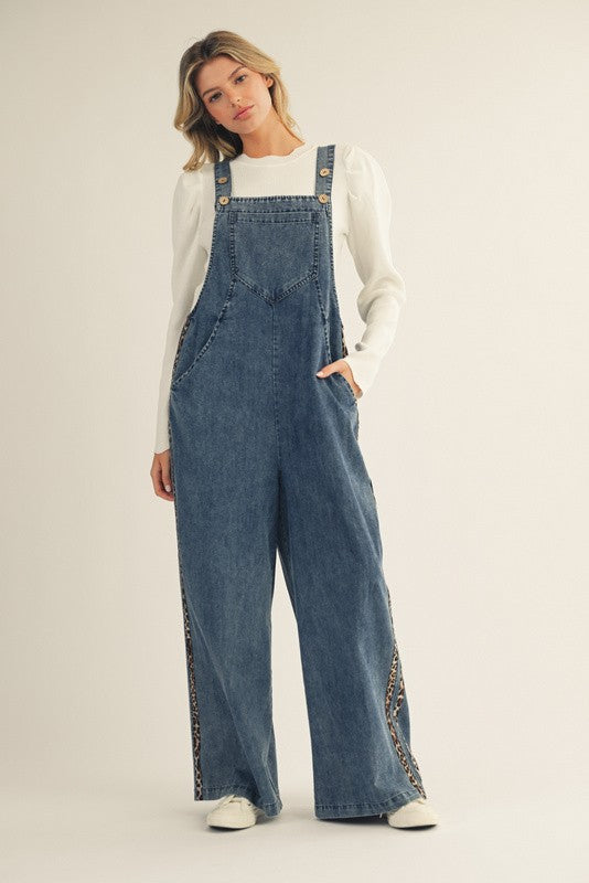 Leopard Trim Denim Overalls