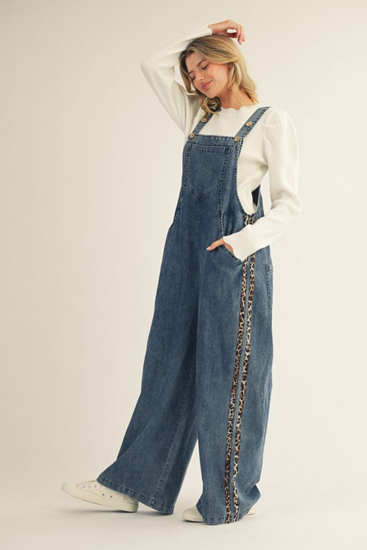 Leopard Trim Denim Overalls