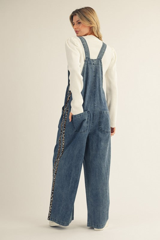 Leopard Trim Denim Overalls