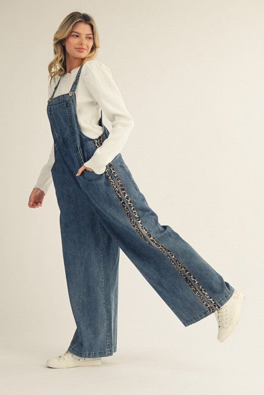 Leopard Trim Denim Overalls