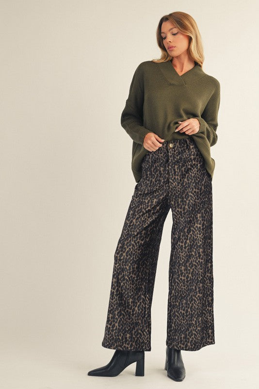 Wide Leg Brushed Fabric Front Pocket Leopard Print Pants