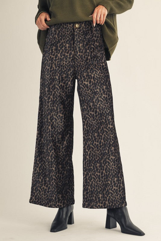 Wide Leg Brushed Fabric Front Pocket Leopard Print Pants