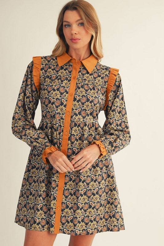 Contrast Trim Fall Print Dress