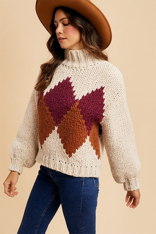 Knit Argyle Pattern Mock Neck Sweater