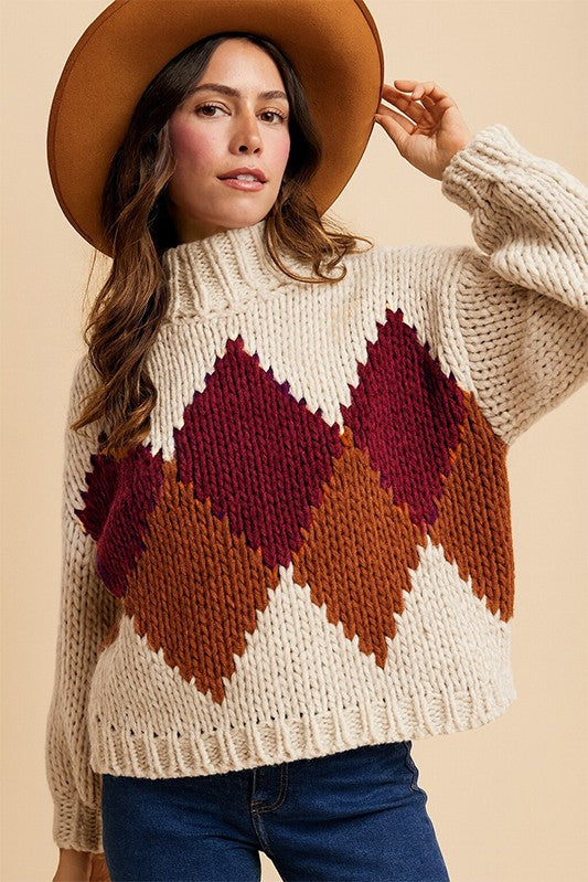 Knit Argyle Pattern Mock Neck Sweater